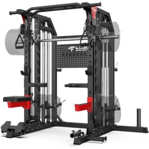 Pooboo - Smith Machine Multi-Function 2000LB Power Cage, Home Gym Squat Rack Featuring LAT Pulldown, Dual Pulley Cable Crossover - Black