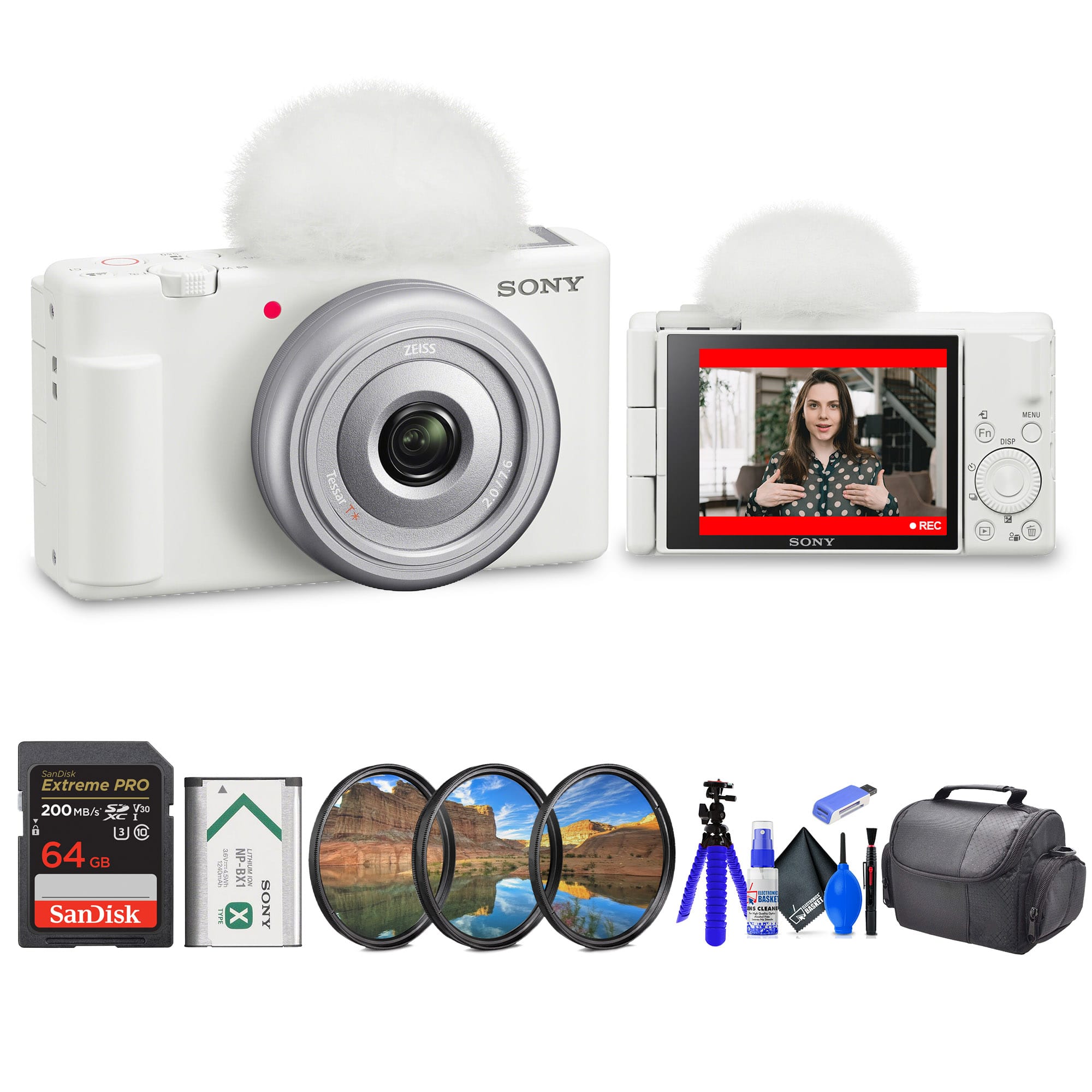 Sony - ZV-1F Vlogging Camera (ZV1F/W) + Filter Kit + 64GB Card + Card Reader - White