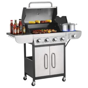 VEVOR - Gas Grill, 4 Burner Propane Gas Grill with Side Burner, 425 SQ.In Grilling Area, Carbon Steel Enamel Grates - Silver
